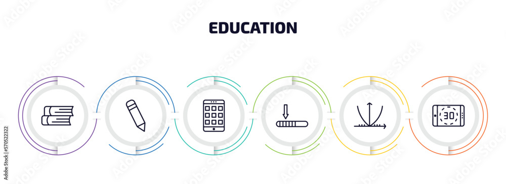 education infographic element with outline icons and 6 step or option. education icons such as two books, pencil, smartphone app, window scrolling left, parabolic function, digital display 30 education infographic element with outline icons and 6 step or option. education icons such as two books, pencil, smartphone app, window scrolling left, parabolic function, digital display 30