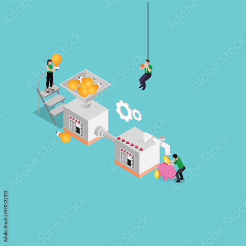 Business people converting ideas into money 3d isometric vector illustration concept for banner, website, landing page, ads, flyer template