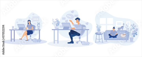 Home office concept, working from home sitting on a sofa, remote work concept. set flat vector modern illustration