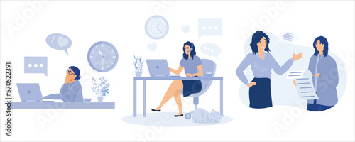 Home office concept woman working from home, student or freelancer. set flat vector modern illustration © Alwie99d