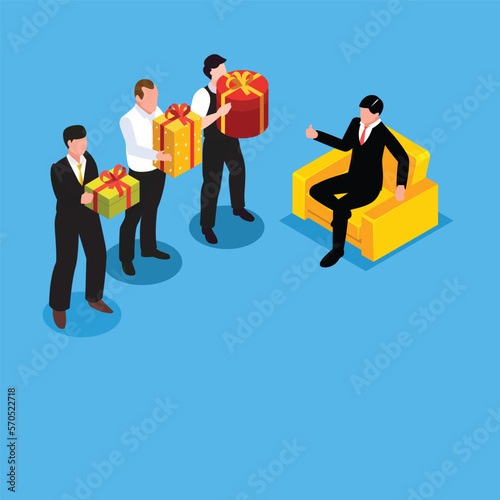 Businessmen queue to give gifts to a manager or client 3d isometric vector illustration concept for banner, website, landing page, ads, flyer template