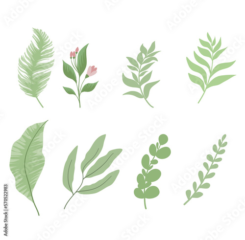 Natural green flat leaves set collection