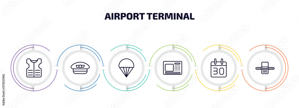 airport terminal infographic element with outline icons and 6 step or option. airport terminal icons such as lifesaver best, pilot hat, parachute open, airport atm, calendar day thirty, x ray hine airport terminal infographic element with outline icons and 6 step or option. airport terminal icons such as lifesaver best, pilot hat, parachute open, airport atm, calendar day thirty, x ray hine