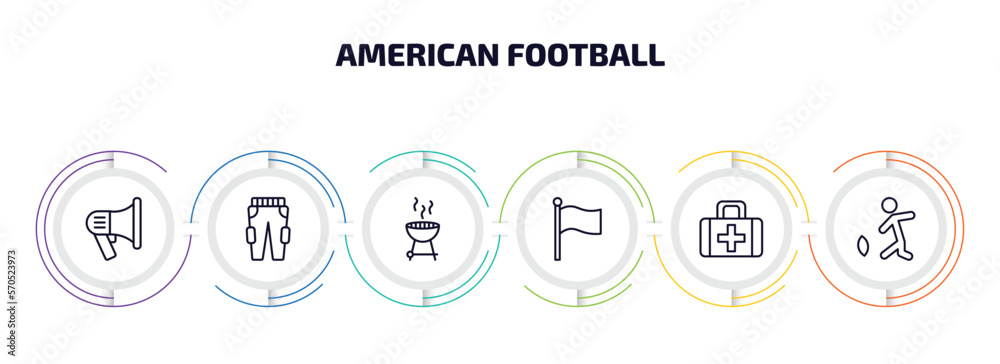 american football infographic element with outline icons and 6 step or option. american football icons such as megaphone, practice pants, with wheels, flag, first aid kit, kicking the ball vector. american football infographic element with outline icons and 6 step or option. american football icons such as megaphone, practice pants, with wheels, flag, first aid kit, kicking the ball vector.
