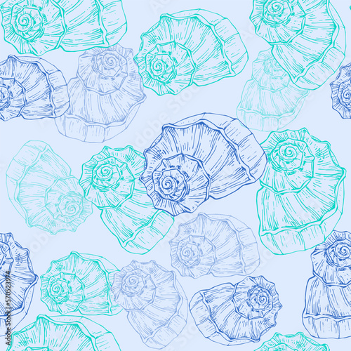 Seamless pattern background with abstract shell ornaments. Hand drawn nature illustration of ocean.