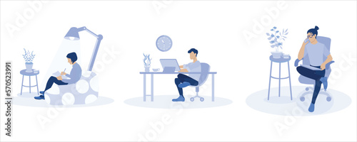 Working at home, coworking space, concept illustration. Young people, man and woman freelancers working on laptops and computers at home. People at home in quarantine.flat vector modern illustration