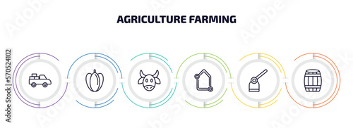 agriculture farming infographic element with outline icons and 6 step or option. agriculture farming icons such as pickup, capsicum, ox, self-sufficient, hoe, barrell vector.