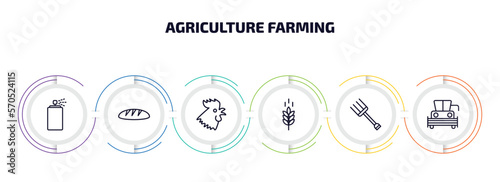 agriculture farming infographic element with outline icons and 6 step or option. agriculture farming icons such as sprayer, bread, rooster, oat, roak, harvester vector.
