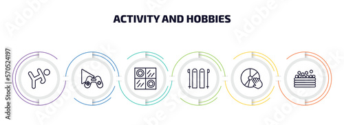 activity and hobbies infographic element with outline icons and 6 step or option. activity and hobbies icons such as martial art, game playing, checkers, skii, disc jockey, ball pit vector.