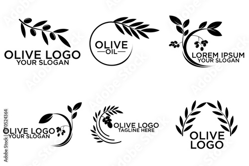 Set of branch olive tree. Black and white outline silhouette. Vector illustration