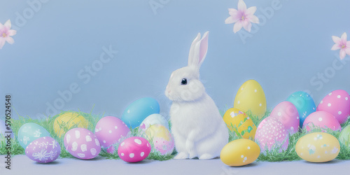 Happy Easter concept with easter eggs and spring flowers. Decorated easter eggs in grass with flowers. Easter background with copy space. Easter eggs arrangement. Generative Ai