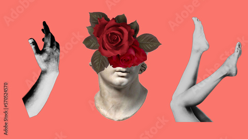 collage statue roses head with hand and legs isolated on coral background 
