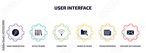 user interface infographic element with filled icons and 6 step or option. user interface icons such as magic wand button, office folders, connection, search in folder, folded newspaper, envelope