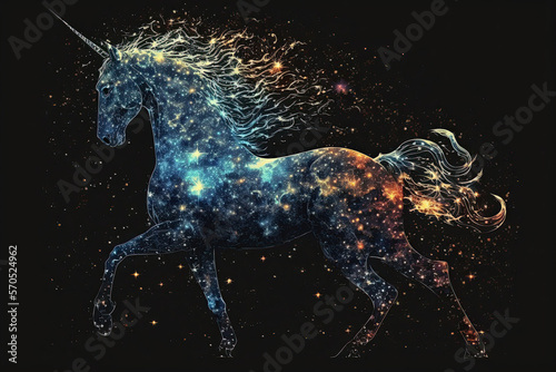Generative AI. A unicorn silhouette in a galaxy nebula cloud. Illustration concept.