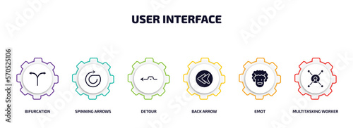 user interface infographic element with filled icons and 6 step or option. user interface icons such as bifurcation, spinning arrows, detour, back arrow, emot, multitasking worker vector.