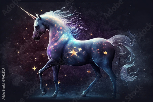 Generative artificial intelligence. The figure of a unicorn in a cloud of galactic nebula among the stars and glitter. A fantasy magical creature. The concept of illustration.