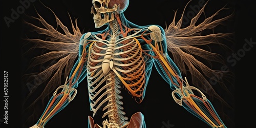 Unique abstract representation of musculoskeletal system, concept of Interdependence and Connectivity, created with Generative AI technology photo