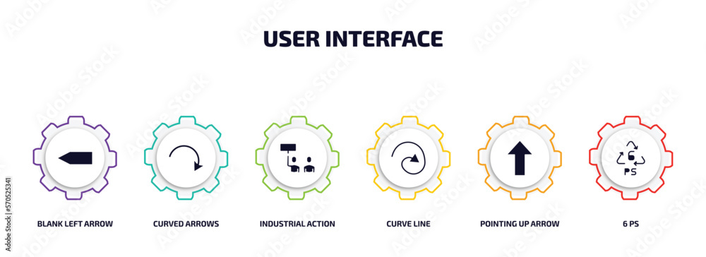 user interface infographic element with filled icons and 6 step or option. user interface icons such as blank left arrow, curved arrows, industrial action, curve line, pointing up arrow, 6 ps