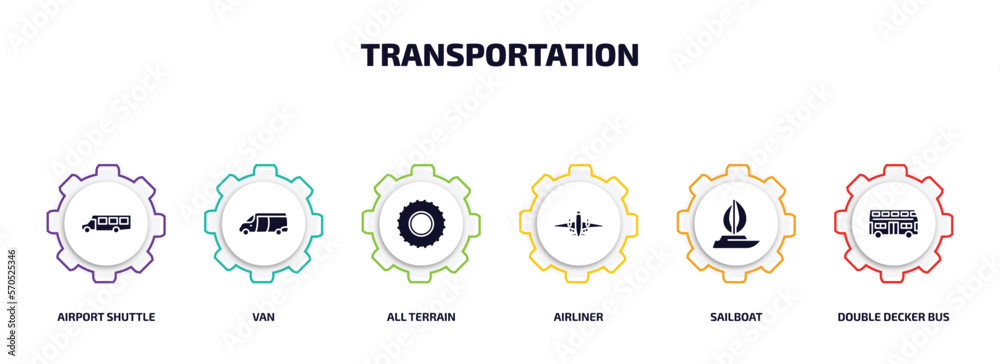 transportation infographic element with filled icons and 6 step or option. transportation icons such as airport shuttle, van, all terrain, airliner, sailboat, double decker bus vector. transportation infographic element with filled icons and 6 step or option. transportation icons such as airport shuttle, van, all terrain, airliner, sailboat, double decker bus vector.