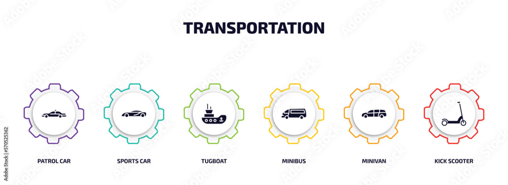 transportation infographic element with filled icons and 6 step or option. transportation icons such as patrol car, sports car, tugboat, minibus, minivan, kick scooter vector. transportation infographic element with filled icons and 6 step or option. transportation icons such as patrol car, sports car, tugboat, minibus, minivan, kick scooter vector.