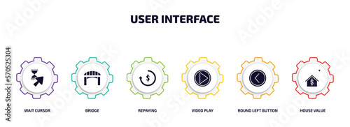 user interface infographic element with filled icons and 6 step or option. user interface icons such as wait cursor, bridge, repaying, video play, round left button, house value vector.