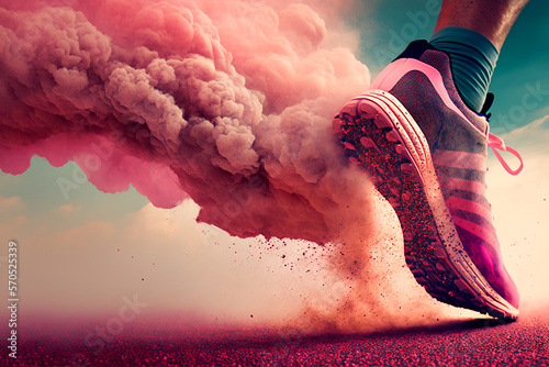 corridore primo piano piedi scarpa gamba realistica luce diurna pavimento polvere cielo blu azione sportiva photo