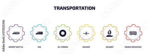 transportation infographic element with filled icons and 6 step or option. transportation icons such as airport shuttle, van, all terrain, airliner, sailboat, double decker bus vector.