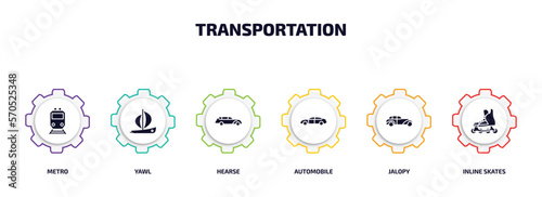 transportation infographic element with filled icons and 6 step or option. transportation icons such as metro, yawl, hearse, automobile, jalopy, inline skates vector.