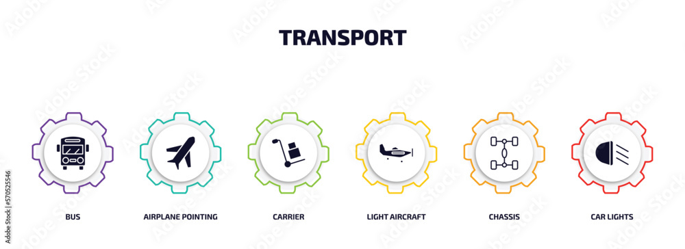 transport infographic element with filled icons and 6 step or option. transport icons such as bus, airplane pointing up, carrier, light aircraft, chassis, car lights vector. transport infographic element with filled icons and 6 step or option. transport icons such as bus, airplane pointing up, carrier, light aircraft, chassis, car lights vector.