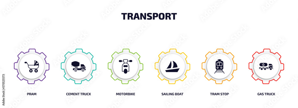 transport infographic element with filled icons and 6 step or option. transport icons such as pram, cement truck, motorbike, sailing boat, tram stop, gas truck vector. transport infographic element with filled icons and 6 step or option. transport icons such as pram, cement truck, motorbike, sailing boat, tram stop, gas truck vector.