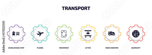 transport infographic element with filled icons and 6 step or option. transport icons such as scholar bus stop, planes, movement, lifter, road sweeper, gearshift vector.
