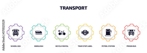 transport infographic element with filled icons and 6 step or option. transport icons such as school van, bobsleigh, bicycle rental, tram stop label, petrol station, prison bus vector.