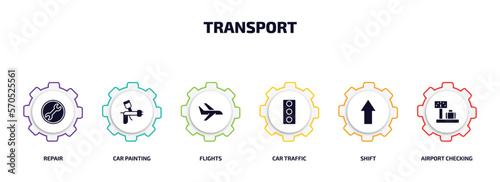 transport infographic element with filled icons and 6 step or option. transport icons such as repair, car painting, flights, car traffic, shift, airport checking vector.