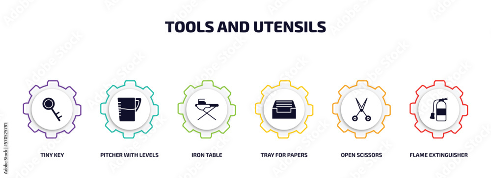 tools and utensils infographic element with filled icons and 6 step or option. tools and utensils icons such as tiny key, pitcher with levels, iron table, tray for papers, open scissors, flame tools and utensils infographic element with filled icons and 6 step or option. tools and utensils icons such as tiny key, pitcher with levels, iron table, tray for papers, open scissors, flame