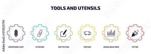 tools and utensils infographic element with filled icons and 6 step or option. tools and utensils icons such as semaphore light, attached, edit picture, postage, sound wave bars, tattoo vector.