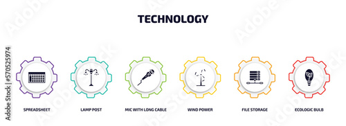 technology infographic element with filled icons and 6 step or option. technology icons such as spreadsheet, lamp post, mic with long cable, wind power, file storage, ecologic bulb vector.