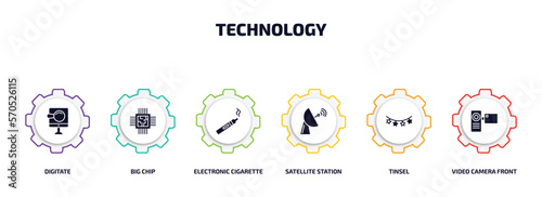 technology infographic element with filled icons and 6 step or option. technology icons such as digitate, big chip, electronic cigarette, satellite station, tinsel, video camera front view vector.