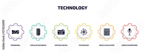technology infographic element with filled icons and 6 step or option. technology icons such as panoramic, circular database, vintage digital camera, technology, basic calculator, radio microphone