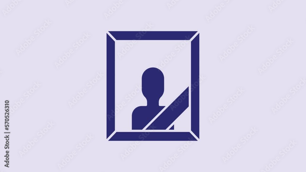 Blue Mourning photo frame with black ribbon icon isolated on purple background. Funeral ceremony and condolence card layout. 4K Video motion graphic animation Blue Mourning photo frame with black ribbon icon isolated on purple background. Funeral ceremony and condolence card layout. 4K Video motion graphic animation