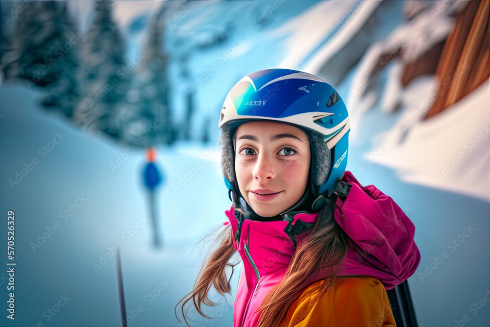 Happy young girl ready to go on a ski run - Generative AI Happy young girl ready to go on a ski run - Generative AI