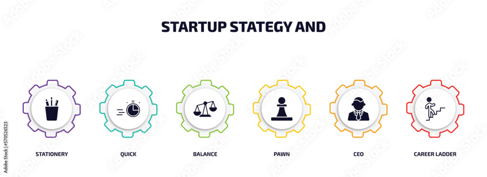startup stategy and infographic element with filled icons and 6 step or option. startup stategy and icons such as stationery, quick, balance, pawn, ceo, career ladder vector. startup stategy and infographic element with filled icons and 6 step or option. startup stategy and icons such as stationery, quick, balance, pawn, ceo, career ladder vector.