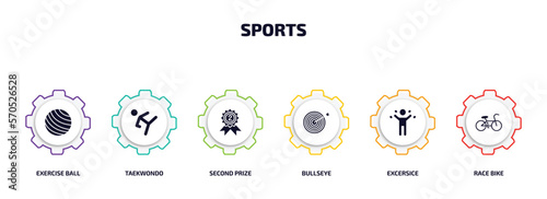 sports infographic element with filled icons and 6 step or option. sports icons such as exercise ball, taekwondo, second prize, bullseye, excersice, race bike vector.