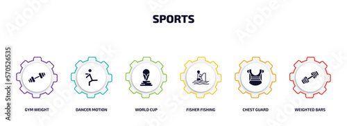sports infographic element with filled icons and 6 step or option. sports icons such as gym weight, dancer motion, world cup, fisher fishing, chest guard, weighted bars vector.