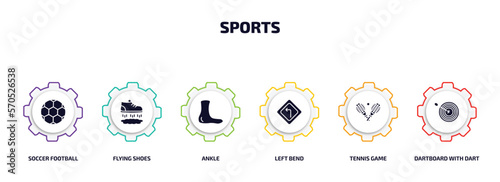 sports infographic element with filled icons and 6 step or option. sports icons such as soccer football ball, flying shoes, ankle, left bend, tennis game, dartboard with dart vector.