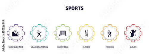 sports infographic element with filled icons and 6 step or option. sports icons such as snow slide zone, volleyball motion, hockey goal, climber, trekking, slalom vector.