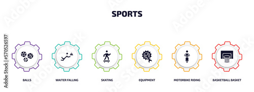 sports infographic element with filled icons and 6 step or option. sports icons such as balls, waiter falling, skating, equipment, motorbike riding, basketball basket vector.