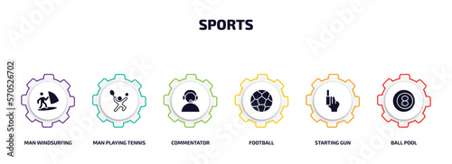 sports infographic element with filled icons and 6 step or option. sports icons such as man windsurfing, man playing tennis, commentator, football, starting gun, ball pool vector.