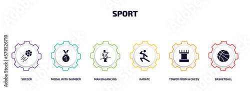 sport infographic element with filled icons and 6 step or option. sport icons such as soccer, medal with number 1, man balancing, karate, tower from a chess, basketball vector.