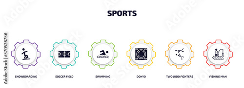 sports infographic element with filled icons and 6 step or option. sports icons such as snowboarding, soccer field, swimming, dohyo, two judo fighters, fishing man vector.