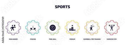 sports infographic element with filled icons and 6 step or option. sports icons such as man award, fencing, pool ball, podium, dumbbell for training, exercise gym vector.